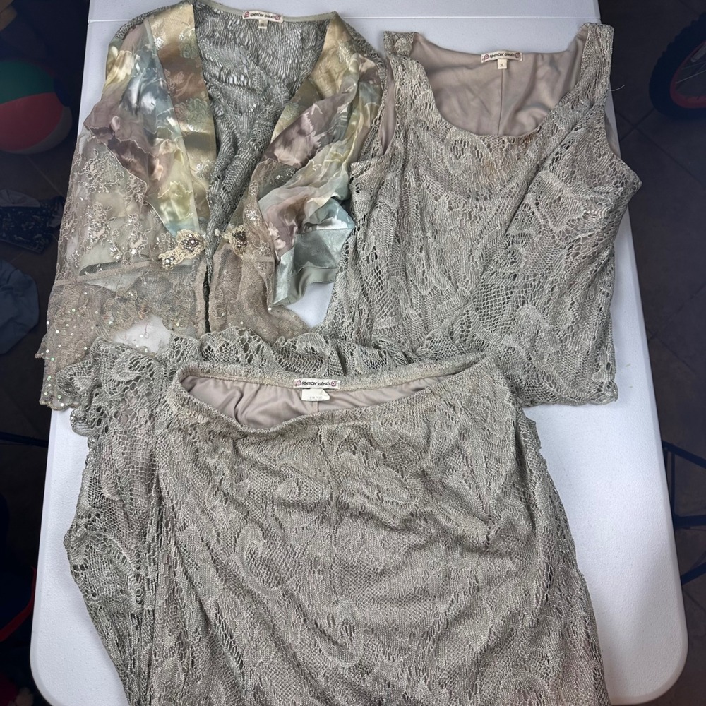Spencer Alexis 3pc Skirt Set Womens XL Sage Green Lace Floral Cardigan Formal
